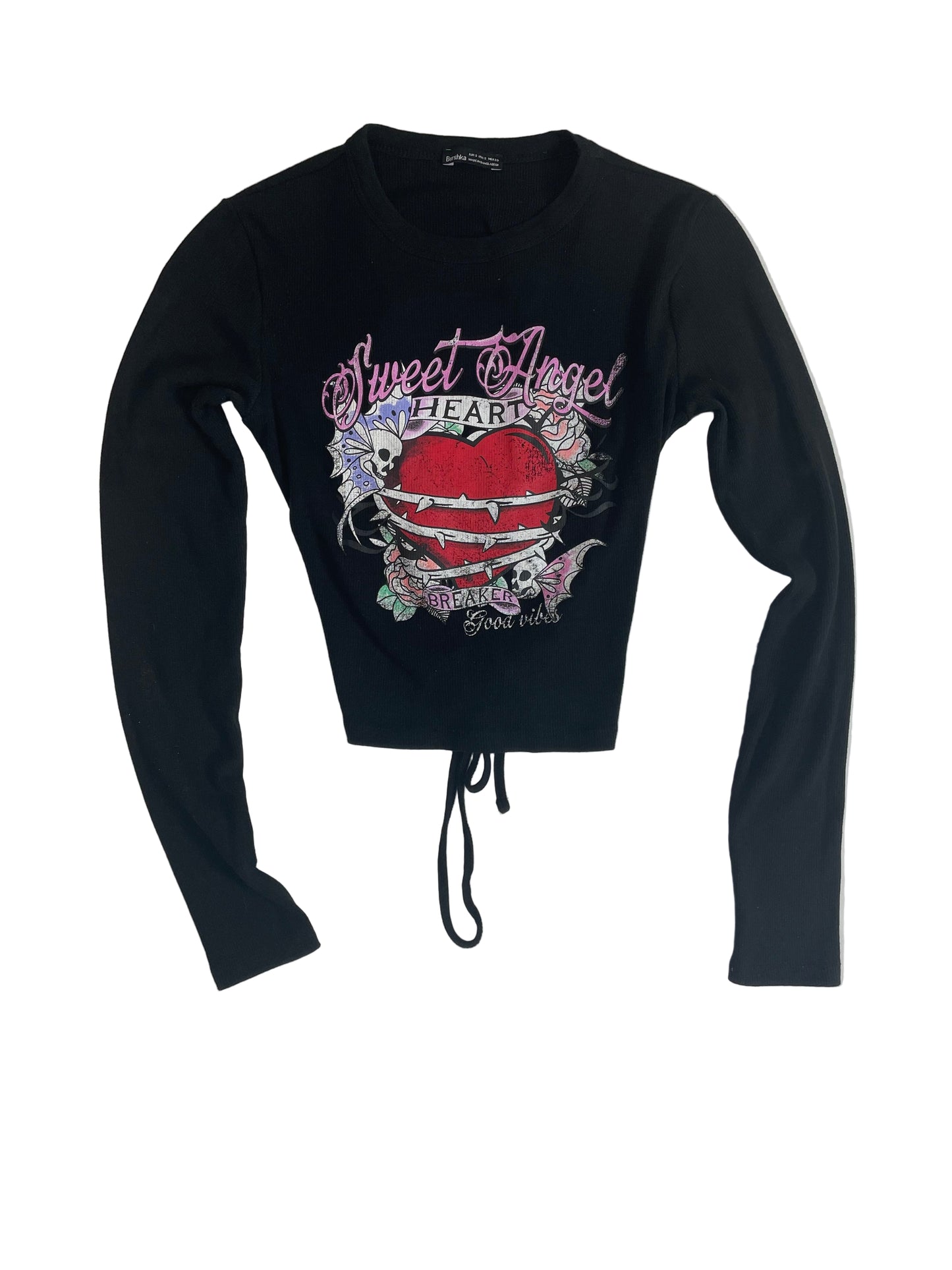 Black long-sleeve crop top with graphic design on a white background