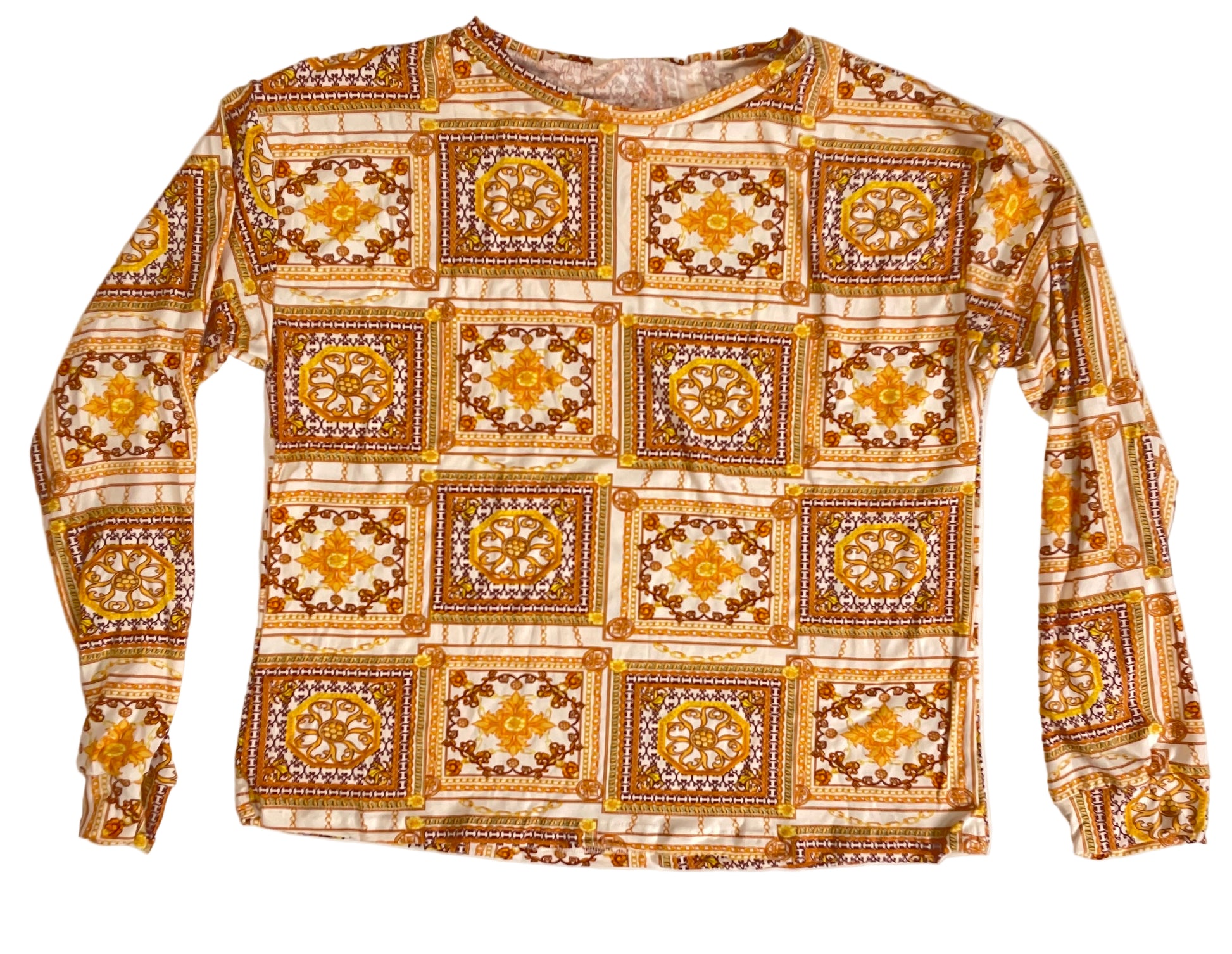 Long-sleeve shirt with a pattern of squares and geometric shapes on a white background