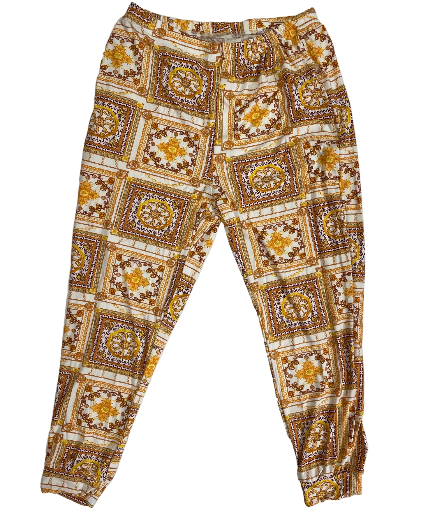Patterned pants on a light gray background