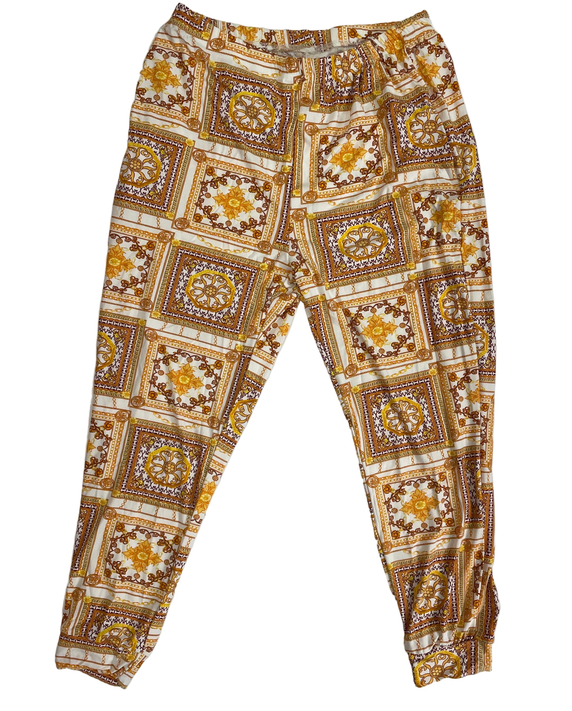 Patterned pants on a light gray background