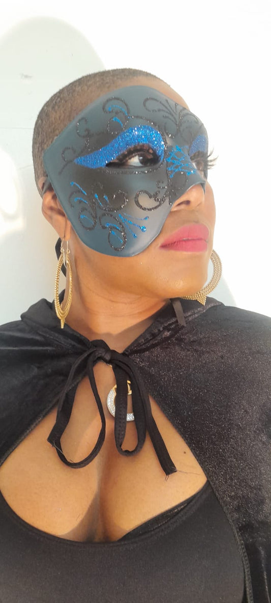 Fancy Dress Adult Masquerade Half Mask. Blue and Black Design. Unisex