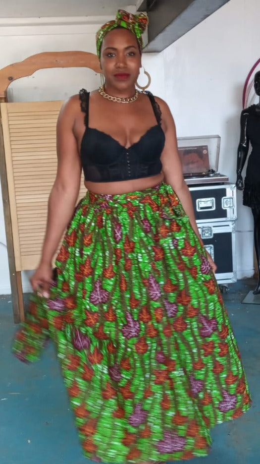 African print skirt with matching handbag and head tie