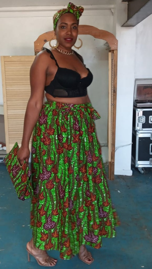 African print skirt with matching handbag and head tie