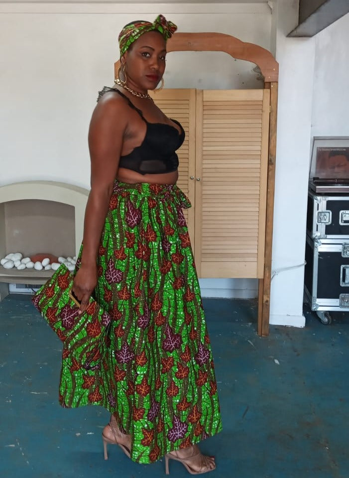 African print skirt with matching handbag and head tie