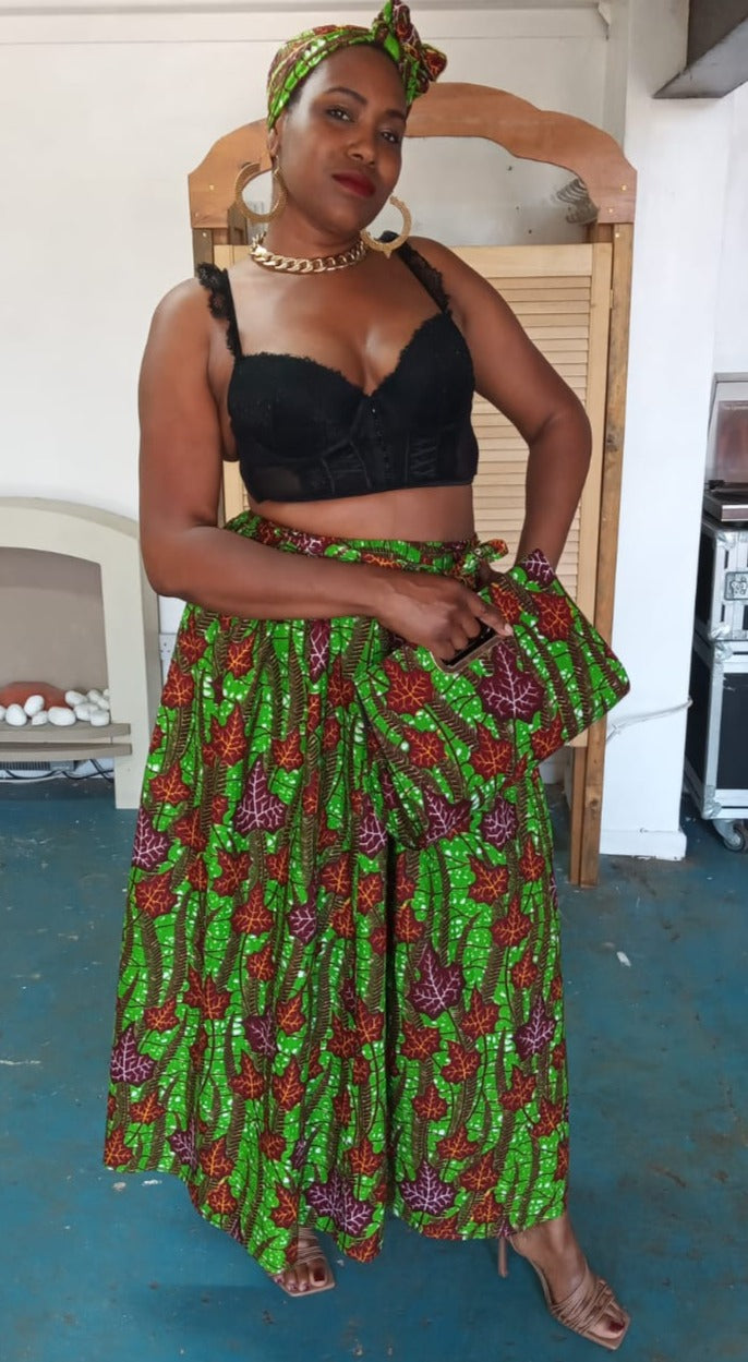 African print skirt with matching handbag and head tie