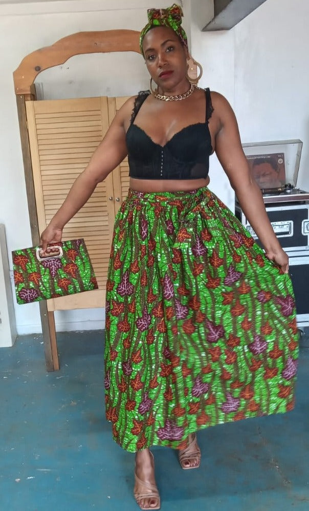 African print skirt with matching handbag and head tie