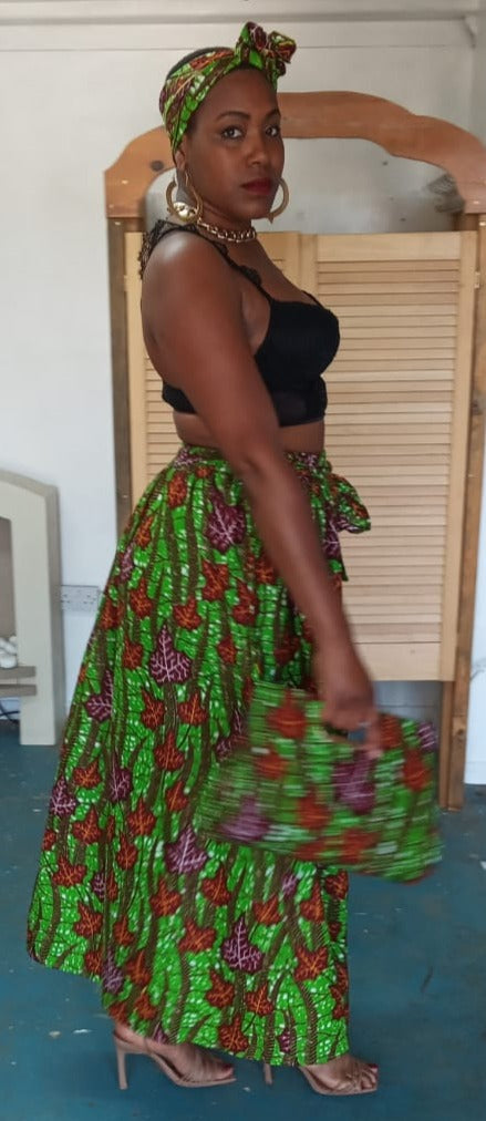 African print skirt with matching handbag and head tie